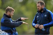 16 September 2013; Leinster's Gordon D'Arcy, left, and Andrew Goodman in conversation during a squad training session ahead of their Celtic League 2013/14, Round 3, match against Glasgow Warriors on Friday. Leinster Rugby Squad Training and Press Briefing, UCD, Belfield, Dublin. Picture credit: Brendan Moran / SPORTSFILE