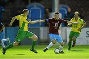 16 September 2013; Ryan Brennan, Drogheda United, in action against Shaun McGowan, Finn Harps. FAI Ford Cup Quarter-Final Replay, Drogheda United v Finn Harps, Hunky Dorys Park, Drogheda, Co. Louth. Photo by Sportsfile