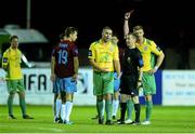 16 September 2013; Damien McNulty, Finn Harps, is shown a red card and sent off by referee Derek Tomney. FAI Ford Cup Quarter-Final Replay, Drogheda United v Finn Harps, Hunky Dorys Park, Drogheda, Co. Louth. Photo by Sportsfile