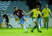 16 September 2013; Declan O'Brien, Drogheda United, in action against Josh Mailey, Finn Harps. FAI Ford Cup Quarter-Final Replay, Drogheda United v Finn Harps, Hunky Dorys Park, Drogheda, Co. Louth. Photo by Sportsfile
