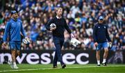4 May 2024; Leinster head coach Leo Cullen, centre, with backs coach Andrew Goodman, left, and senior coach Jacques Nienaber  the Investec Champions Cup semi-final match between Leinster and Northampton Saints at Croke Park in Dublin. Photo by Harry Murphy/Sportsfile