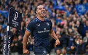 4 May 2024; James Lowe of Leinster celebrates after scoring his side's third try during the Investec Champions Cup semi-final match between Leinster and Northampton Saints at Croke Park in Dublin. Photo by Brendan Moran/Sportsfile