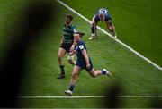 4 May 2024; Supportes celebrate a third score in 43rd minute by James Lowe of Leinster during the Investec Champions Cup semi-final match between Leinster and Northampton Saints at Croke Park in Dublin. Photo by Ray McManus/Sportsfile