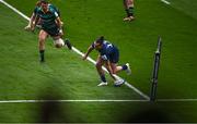4 May 2024; James Lowe of Leinster scores his side's third try during the Investec Champions Cup semi-final match between Leinster and Northampton Saints at Croke Park in Dublin. Photo by Ray McManus/Sportsfile