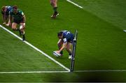 4 May 2024; James Lowe of Leinster scores his side's third try during the Investec Champions Cup semi-final match between Leinster and Northampton Saints at Croke Park in Dublin. Photo by Ray McManus/Sportsfile