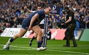 4 May 2024; James Lowe of Leinster after scoring his side's third try during the Investec Champions Cup semi-final match between Leinster and Northampton Saints at Croke Park in Dublin. Photo by Brendan Moran/Sportsfile