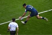 4 May 2024; James Lowe of Leinster scores his side's third try during the Investec Champions Cup semi-final match between Leinster and Northampton Saints at Croke Park in Dublin. Photo by Stephen McCarthy/Sportsfile