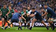 4 May 2024; Alex Mitchell of Northampton Saints in action against Leinster players Josh van der Flier, left, and Dan Sheehan during the Investec Champions Cup semi-final match between Leinster and Northampton Saints at Croke Park in Dublin. Photo by Sam Barnes/Sportsfile