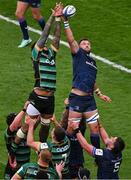 4 May 2024; Jason Jenkins of Leinster takes possession in a lineout ahead of Northampton Saints Courtney Lawes during the Investec Champions Cup semi-final match between Leinster and Northampton Saints at Croke Park in Dublin. Photo by Stephen McCarthy/Sportsfile