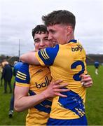 4 May 2024; Daniel Casey, left, and Shane Walsh of Roscommon celebrate after the Connacht GAA Football U20 Championship final match between Roscommon and Galway at Hastings Insurance MacHale Park in Castlebar, Mayo. Photo by Ben McShane/Sportsfile