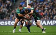 4 May 2024; Jason Jenkins of Leinster is tackled by Sam Matavesi, left, and Tommy Freeman of Northampton Saints during the Investec Champions Cup semi-final match between Leinster and Northampton Saints at Croke Park in Dublin. Photo by Brendan Moran/Sportsfile