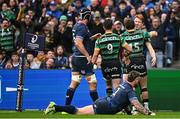 4 May 2024; George Hendy of Northampton Saints, right, celebrates with teammate George Furbank, 15, after scoring their side's first try during the Investec Champions Cup semi-final match between Leinster and Northampton Saints at Croke Park in Dublin. Photo by Sam Barnes/Sportsfile