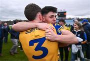 4 May 2024; Danniel Hagney, right, and Daniel Casey of Roscommon celebrate after the Connacht GAA Football U20 Championship final match between Roscommon and Galway at Hastings Insurance MacHale Park in Castlebar, Mayo. Photo by Ben McShane/Sportsfile