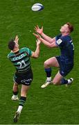 4 May 2024; Ciarán Frawley of Leinster and Tom James of Northampton Saints contest a high ball during the Investec Champions Cup semi-final match between Leinster and Northampton Saints at Croke Park in Dublin. Photo by Stephen McCarthy/Sportsfile