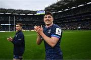 4 May 2024; Leinster players Jimmy O'Brien, right, and Luke McGrath after their side's victory in the Investec Champions Cup semi-final match between Leinster and Northampton Saints at Croke Park in Dublin. Photo by Harry Murphy/Sportsfile