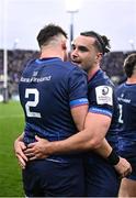 4 May 2024; Leinster players James Lowe, right, and Dan Sheehan after their side's victory in the Investec Champions Cup semi-final match between Leinster and Northampton Saints at Croke Park in Dublin. Photo by Harry Murphy/Sportsfile