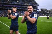 4 May 2024; Leinster players Rónan Kelleher, right, and Dan Sheehan after their side's victory in the Investec Champions Cup semi-final match between Leinster and Northampton Saints at Croke Park in Dublin. Photo by Harry Murphy/Sportsfile
