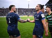 4 May 2024; Leinster players James Lowe, right, and Andrew Porter after their side's victory in the Investec Champions Cup semi-final match between Leinster and Northampton Saints at Croke Park in Dublin. Photo by Harry Murphy/Sportsfile