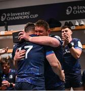 4 May 2024; Cian Healy of Leinster, left, is congratulated by teammate Tadhg Furlong, right, in the dressing room after becoming the most capped player of the Investec Champions Cup with 111 appearances after the Investec Champions Cup semi-final match between Leinster and Northampton Saints at Croke Park in Dublin. Photo by Harry Murphy/Sportsfile