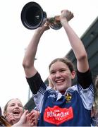 4 May 2024; Portlaoise captain Lily Brophy lifts the cup after her side's victory in the Leinster Rugby Bank of Ireland Girls Youth Finals Day match between Portlaoise and Naas/ Mullingar at Energia Park in Dublin. Photo by Shauna Clinton/Sportsfile