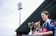4 May 2024; Portlaoise captain Lily Brophy makes a speech after her side's victory in the Leinster Rugby Bank of Ireland Girls Youth Finals Day match between Portlaoise and Naas/ Mullingar at Energia Park in Dublin. Photo by Shauna Clinton/Sportsfile