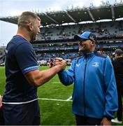 4 May 2024; Ross Molony of Leinster and Leinster senior coach Jacques Nienaber after their side's victory in the Investec Champions Cup semi-final match between Leinster and Northampton Saints at Croke Park in Dublin. Photo by Harry Murphy/Sportsfile
