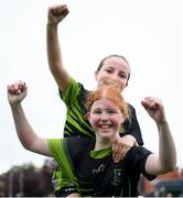 4 May 2024; Portdara players Saoirse Mooney and Ciánna Stacey, behind, celebrate after their side's victory in the Leinster Rugby Bank of Ireland Girls Youth Finals Day match between Portdara and Wexford Wanderers at Energia Park in Dublin. Photo by Shauna Clinton/Sportsfile