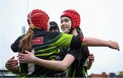 4 May 2024; Lyra Harrington of Portdara, 1, celebrates with team-mates after their side's victory in the Leinster Rugby Bank of Ireland Girls Youth Finals Day match between Portdara and Wexford Wanderers at Energia Park in Dublin. Photo by Shauna Clinton/Sportsfile