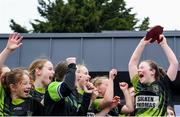 4 May 2024; Portdara players, including captain Lucy Noons, rightm celebrate after their side's victory in the Leinster Rugby Bank of Ireland Girls Youth Finals Day match between Portdara and Wexford Wanderers at Energia Park in Dublin. Photo by Shauna Clinton/Sportsfile
