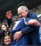 4 May 2024; Jessica Delaney of Portlaoise hugs her father Andrew after her side's victory in the Leinster Rugby Bank of Ireland Girls Youth Finals Day match between Portlaoise and Naas/ Mullingar at Energia Park in Dublin. Photo by Shauna Clinton/Sportsfile