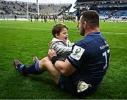 4 May 2024; Cian Healy of Leinster, with his son Beau after becoming the most capped player of the Investec Champions Cup with 111 appearances during the Investec Champions Cup semi-final match between Leinster and Northampton Saints at Croke Park in Dublin. Photo by Harry Murphy/Sportsfile