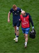 4 May 2024; Ciarán Frawley of Leinster leaves the pitch with Leinster team doctor and exercise medicine consultant Dr Jim McShane during the Investec Champions Cup semi-final match between Leinster and Northampton Saints at Croke Park in Dublin. Photo by Stephen McCarthy/Sportsfile