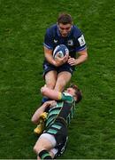 4 May 2024; Jordan Larmour of Leinster is tackled by Fin Smith of Northampton Saints during the Investec Champions Cup semi-final match between Leinster and Northampton Saints at Croke Park in Dublin. Photo by Stephen McCarthy/Sportsfile