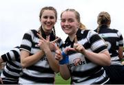4 May 2024; Skerries-Dundalk players Eve Conway, left, and Mia Coan celebrate after their side's victory in the Leinster Rugby Bank of Ireland Girls Youth Finals Day match between Skerries-Dundalk and Tullamore at Energia Park in Dublin. Photo by Shauna Clinton/Sportsfile