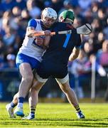 4 May 2024; Shane Bennett of Waterford is tackled by Tippeary goalkeeper Barry Hogan during the Munster GAA Hurling Senior Championship Round 3 match between Waterford and Tipperary at Walsh Park in Waterford. Photo by Piaras Ó Mídheach/Sportsfile