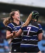 4 May 2024; Robyn O'Connor of Wexford Wanderers, left, celebrates with team-mate Viktorija Kubiliute after socring a try during the Leinster Rugby Bank of Ireland Girls Youth Finals Day match between Portdara and Wexford Wanderers at Energia Park in Dublin. Photo by Shauna Clinton/Sportsfile