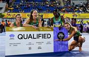 4 May 2024; The Ireland women's 4x400m relay team, from left, Phil Healy, Sophie Becker, Rhasidat Adeleke and Sharlene Mawdsley celebrate after winning heat 3 of the women's 4x400m relays in a national record of 3:24.38 to qualify for the Paris 2024 Olympic Games during day one of the World Athletics Relays at Thomas A Robinson National Stadium in Nassau, Bahamas. Photo by Erik van Leeuwen/Sportsfile