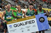 4 May 2024; The Ireland mixed 4x400m relay team, from left, Thomas Barr, Sharlene Mawdsley, Cillín Greene and Rhasidat Adeleke after winning heat 3 of mixed 4x400m relay with a national record of 3:12.50 to qualify for the Paris 2024 Olympic Games during day one of the World Athletics Relays at Thomas A Robinson National Stadium in Nassau, Bahamas. Photo by Erik van Leeuwen/Sportsfile