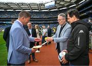 4 May 2024; Uachtarán Chumann Lúthchleas Gael Jarlath Burns, second from right, makes a presentation to EPCR chairman Dominic McKay, left, in the company of Croke Park Stadium director Peter McKenna and EPCR chief executive Jacques Raynaud, right, before the Investec Champions Cup semi-final match between Leinster and Northampton Saints at Croke Park in Dublin. Photo by Brendan Moran/Sportsfile