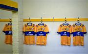 5 May 2024; Jerseys hang in the Clare dressingroom before the Munster GAA Football Senior Championship final match between Kerry and Clare at Cusack Park in Ennis, Clare. Photo by Brendan Moran/Sportsfile