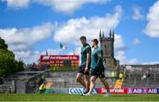 5 May 2024; Kerry players David Clifford, left, and Darragh Roche walk the pitch before the Munster GAA Football Senior Championship final match between Kerry and Clare at Cusack Park in Ennis, Clare. Photo by Brendan Moran/Sportsfile