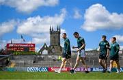 5 May 2024; Kerry players, from left, Jason Foley, Barry Dan O'Sullivan, David Clifford and Darragh Roche walk the pitch before the Munster GAA Football Senior Championship final match between Kerry and Clare at Cusack Park in Ennis, Clare. Photo by Brendan Moran/Sportsfile