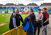 5 May 2024; Gorey Rangers head coach William Peare, left, in conversaiton with supporters before the FAI Junior Cup final match between Cockhill Celtic and Gorey Rangers at Eamonn Deacy Park in Galway. Photo by Ben McShane/Sportsfile