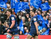 4 May 2024; James Lowe of Leinster, right, celebrates after scoring his side's second try during the Investec Champions Cup semi-final match between Leinster and Northampton Saints at Croke Park in Dublin. Photo by Sam Barnes/Sportsfile