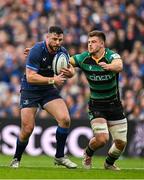 4 May 2024; Robbie Henshaw of Leinster in action against Sam Graham of Northampton Saints during the Investec Champions Cup semi-final match between Leinster and Northampton Saints at Croke Park in Dublin. Photo by Sam Barnes/Sportsfile