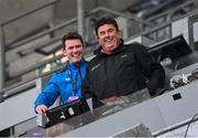 4 May 2024; Leinster digital communications executive Paul Cahill and RTÉ broadcaster Des Cahill before the Investec Champions Cup semi-final match between Leinster and Northampton Saints at Croke Park in Dublin. Photo by Harry Murphy/Sportsfile
