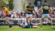 5 May 2024; Joe O'Connor of Kerry has a shot blocked by Clare goalkeeper Stephen Ryan during the Munster GAA Football Senior Championship final match between Kerry and Clare at Cusack Park in Ennis, Clare. Photo by Brendan Moran/Sportsfile