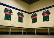 5 May 2024; The jerseys of Mayo players, from left, Ryan O'Donoghue, Tommy Conroy, Aidan O'Shea and Jack Carney in their dressing room before the Connacht GAA Football Senior Championship final match between Galway and Mayo at Pearse Stadium in Galway. Photo by Piaras Ó Mídheach/Sportsfile