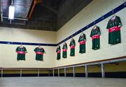 5 May 2024; The jerseys of Mayo players in their dressing room before the Connacht GAA Football Senior Championship final match between Galway and Mayo at Pearse Stadium in Galway. Photo by Piaras Ó Mídheach/Sportsfile