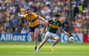 5 May 2024; Tony Brosnan of Kerry in action against Darragh Bohannon of Clare during the Munster GAA Football Senior Championship final match between Kerry and Clare at Cusack Park in Ennis, Clare. Photo by Brendan Moran/Sportsfile
